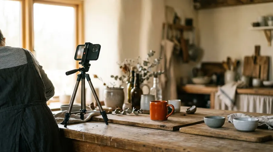 A phone on a tripod pointed at a wooden counter in warm window light